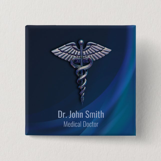 Chrome 3D Medical Dark Holographic Caduceus 2 Inch Square Button (Front)