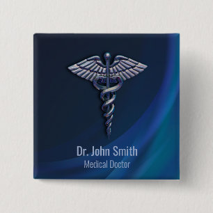 Chrome 3D Medical Dark Holographic Caduceus 2 Inch Square Button