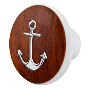 Chrome Anchor on Nautical Mahogany Grain Print Ceramic Knob