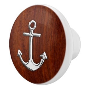 Chrome Anchor on Nautical Mahogany Grain Print Ceramic Knob