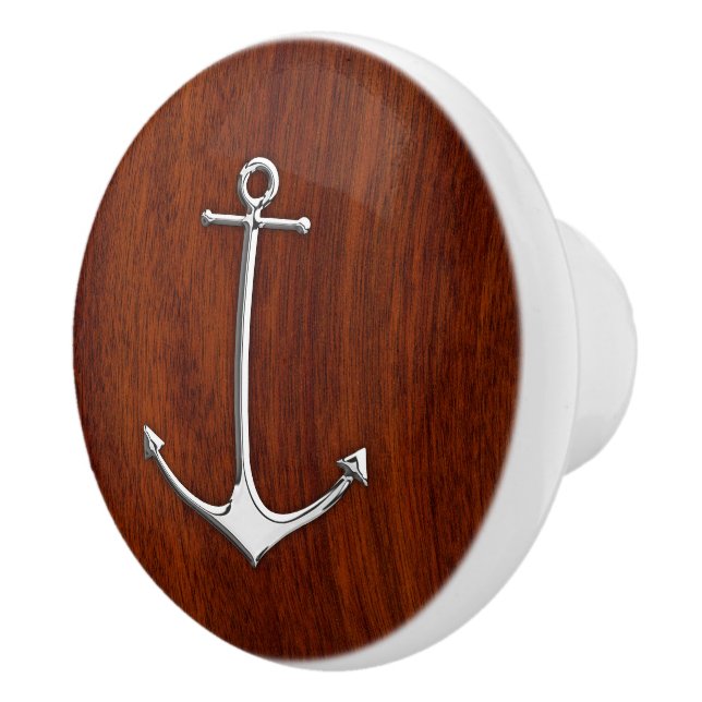 Chrome Anchor on Nautical Mahogany Grain Print Ceramic Knob (Right)