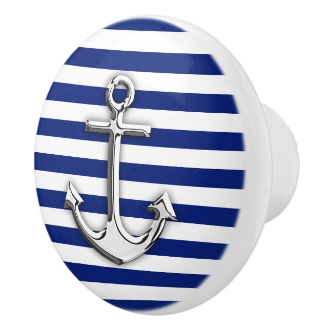 Chrome Anchor on Nautical Navy Blue Print Ceramic Knob (Right)
