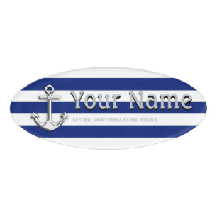 Chrome Anchor on Nautical Navy Blue Stripes plate