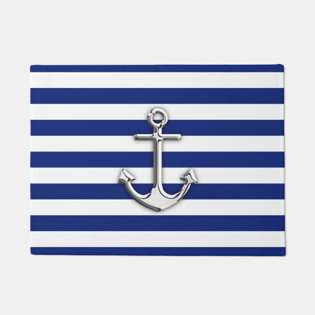 Chrome Anchor on Nautical Navy Blue Stripes Print Doormat (Front)