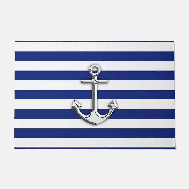 Chrome Anchor on Nautical Navy Blue Stripes Print Doormat (Front)