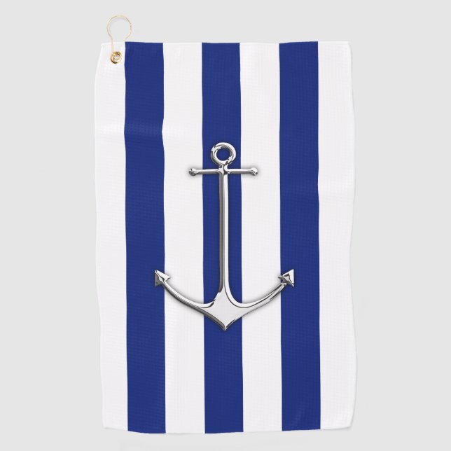 Chrome Anchor on Nautical Navy Blue Stripes Print  Golf Towel (Front)