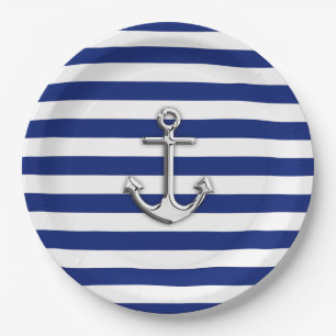 Chrome Anchor on Nautical Navy Blue Stripes Print Paper Plate