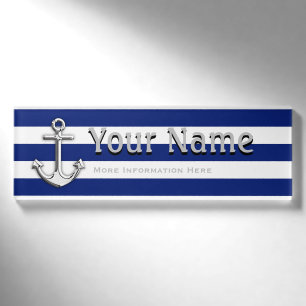 Chrome Anchor on Nautical Navy Blue Stripes text Name Tag
