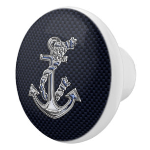 Chrome Anchor on Nautical Navy Carbon Fibre Print Ceramic Knob