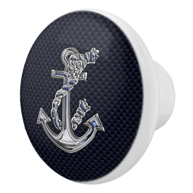 Chrome Anchor on Nautical Navy Carbon Fibre Print Ceramic Knob (Right)