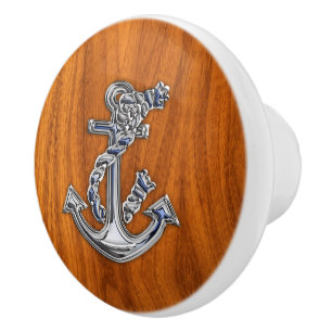 Chrome Anchor on Nautical Teak Wood Grain Print Ceramic Knob