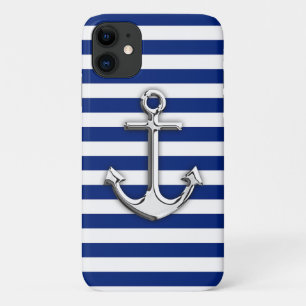 Chrome Anchor on Navy Blue Stripes Decor iPhone 11 Case