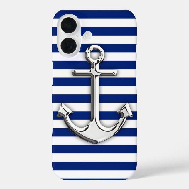 Chrome Anchor on Navy Stripes Case-Mate iPhone Case (Back)