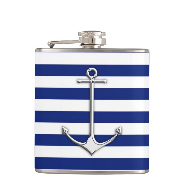 Chrome Anchor on Navy Stripes Hip Flask (Front)