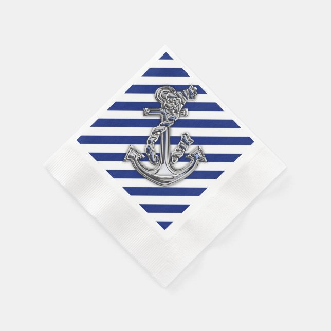 Chrome Anchor on Navy Stripes Napkin (Corner)