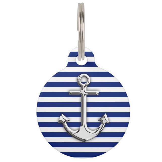 Chrome Anchor on Navy Stripes Pet Tag (Front)