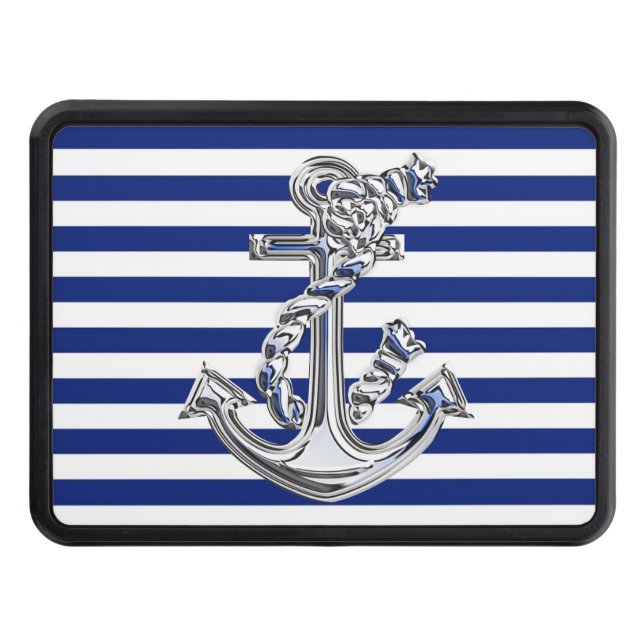Chrome Anchor on Navy Stripes Print Hitch Trailer Hitch Cover (Front)