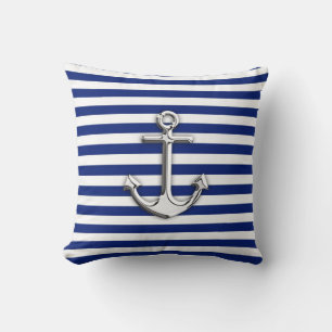 Chrome Anchor on Navy Stripes Throw Pillow