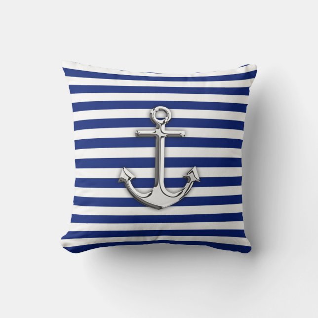 Chrome Anchor on Navy Stripes Throw Pillow (Front)