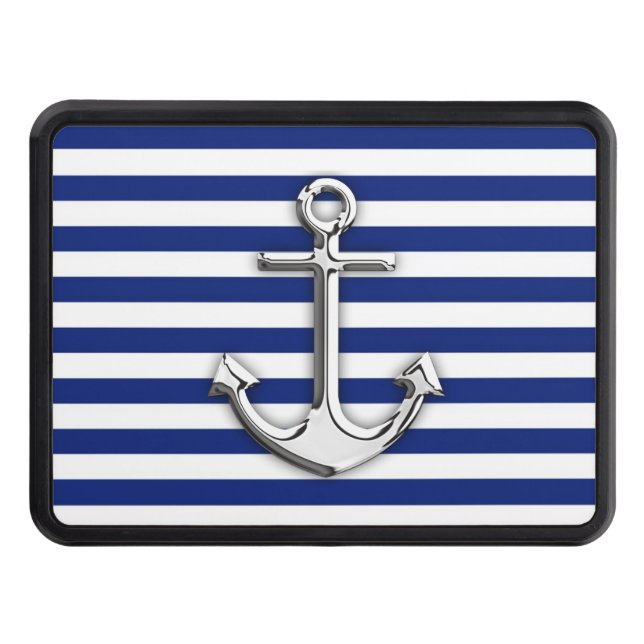 Chrome Anchor on Navy Stripes Trailer Hitch Cover (Front)