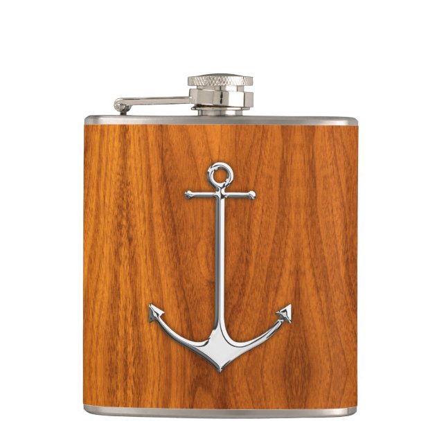 Chrome Anchor on Teak Print Hip Flask (Front)