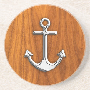 Chrome Anchor on Teak Veneer Style Coaster