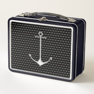 Chrome Anchor on Wave Cups Nautical Lifestyle Metal Lunch Box
