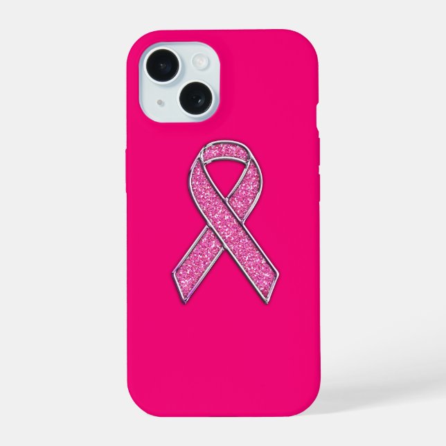 Chrome and Glitter Style Pink Ribbon Awareness iPhone 15 Case (Back)