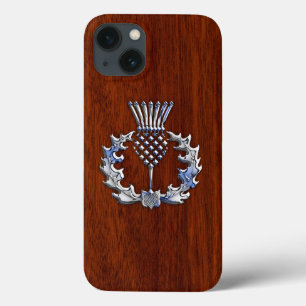 Chrome and Mahogany Wood Styles Scottish Thistle iPhone 13 Case