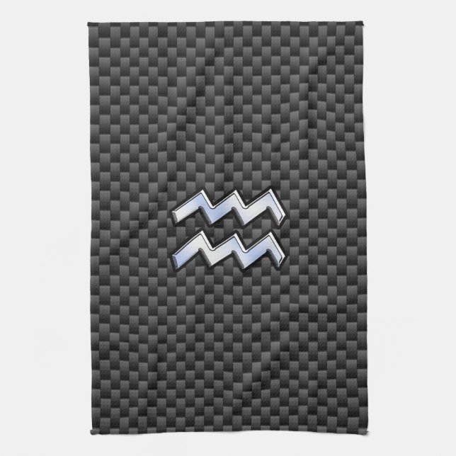 Chrome Aquarius Zodiac Sign Carbon Fibre Styles Kitchen Towel (Vertical)