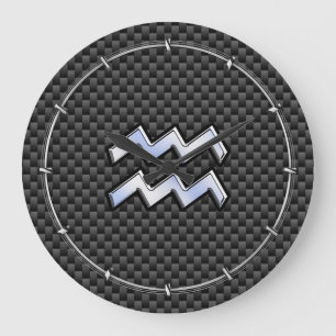 Chrome Aquarius Zodiac Sign Carbon Fibre Styles Large Clock