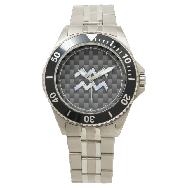 Chrome Aquarius Zodiac Sign Carbon Fibre Styles Watch (Front)