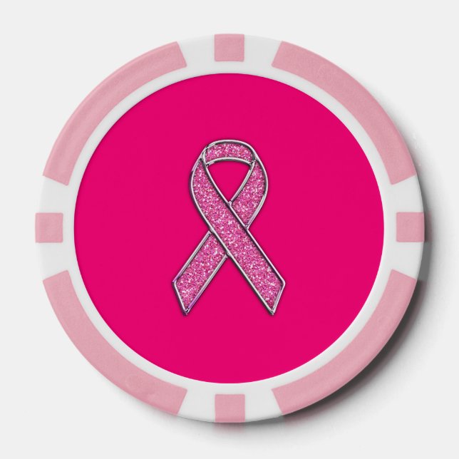 Chrome Belted Glitter Style Pink Ribbon Awareness Poker Chips (Front)