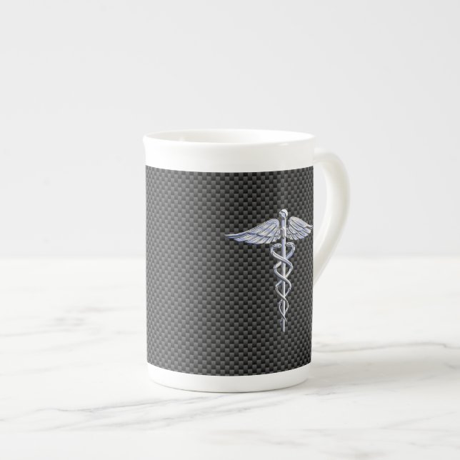 Chrome Caduceus Medical Symbol Black Carbon Fibre Bone China Mug (Front Right)