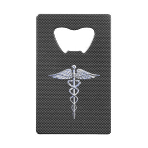 Chrome Caduceus Medical Symbol Black Carbon Fibre Credit Card Bottle Opener