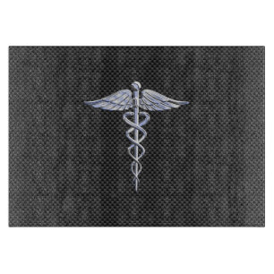 Chrome Caduceus Medical Symbol Black Carbon Fibre Cutting Board