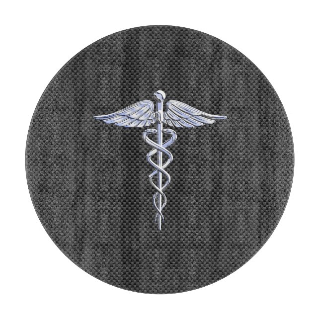 Chrome Caduceus Medical Symbol Black Carbon Fibre Cutting Board (Front)