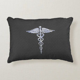 Chrome Caduceus Medical Symbol Black Carbon Fibre Decorative Pillow