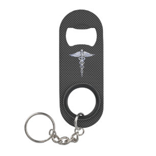 Chrome Caduceus Medical Symbol Black Carbon Fibre Keychain Bottle Opener