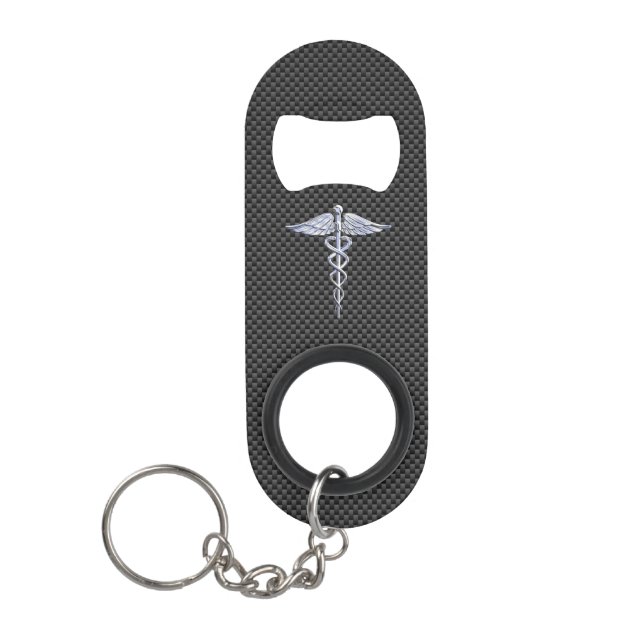 Chrome Caduceus Medical Symbol Black Carbon Fibre Keychain Bottle Opener (Front)