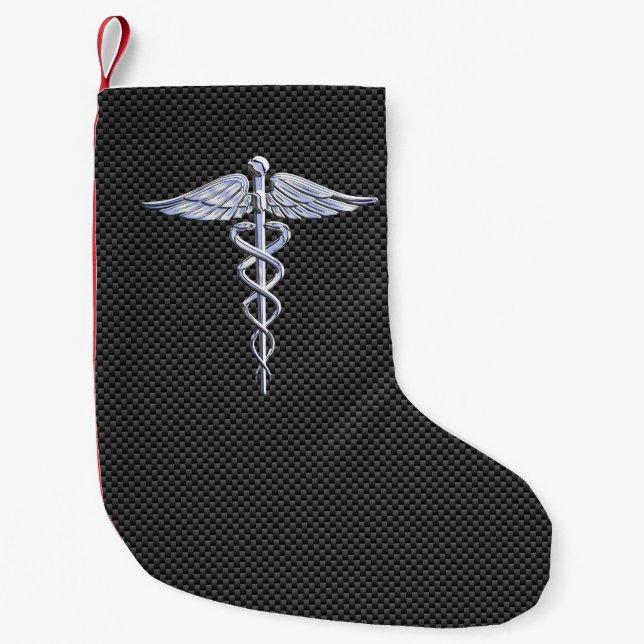 Chrome Caduceus Medical Symbol Black Carbon Fibre Small Christmas Stocking (Front)