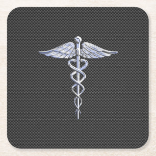 Chrome Caduceus Medical Symbol Black Carbon Fibre Square Paper Coaster