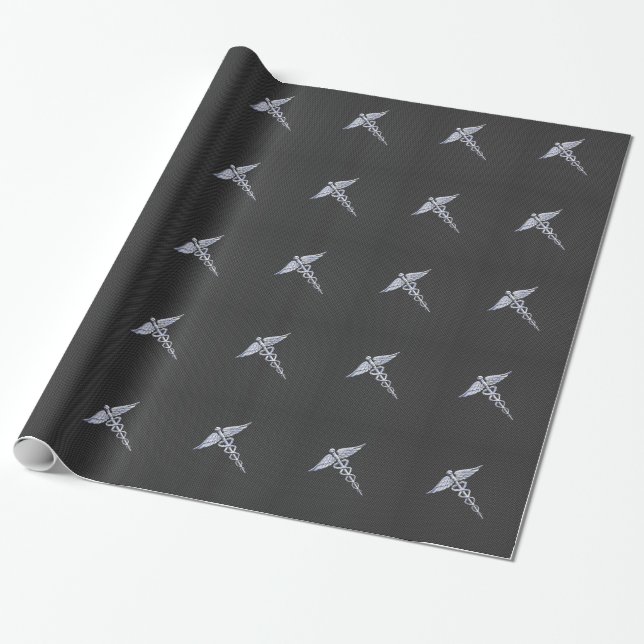 Chrome Caduceus Medical Symbol Black Carbon Fibre Wrapping Paper (Unrolled)