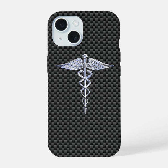 Chrome Caduceus Medical Symbol Carbon Fibre Decor iPhone 15 Case (Back)