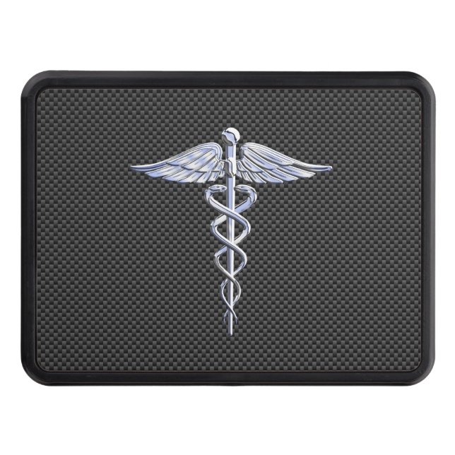 Chrome Caduceus Medical Symbol Carbon Fibre Decor Trailer Hitch Cover (Front)