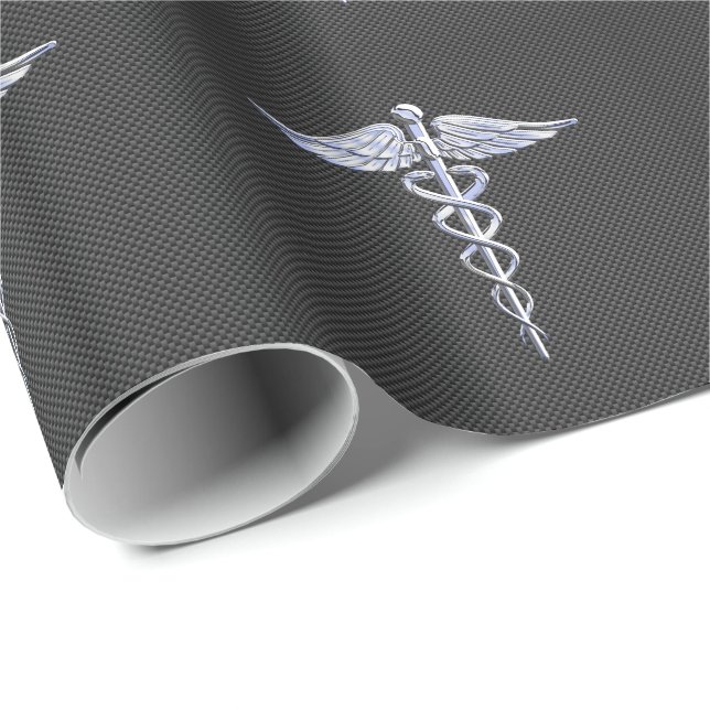 Chrome Caduceus Medical Symbol Carbon Fibre Decor Wrapping Paper (Roll Corner)