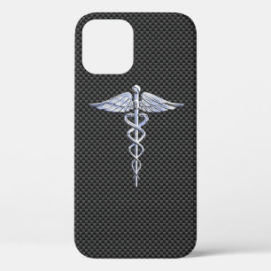 Chrome Caduceus Medical Symbol Carbon Fibre Print iPhone 12 Pro Case