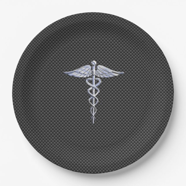 Chrome Caduceus Medical Symbol Carbon Fibre Print Paper Plate (Front)