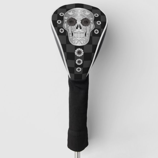 Chrome Calavera (Black Rose) Golf Head Cover (Front)