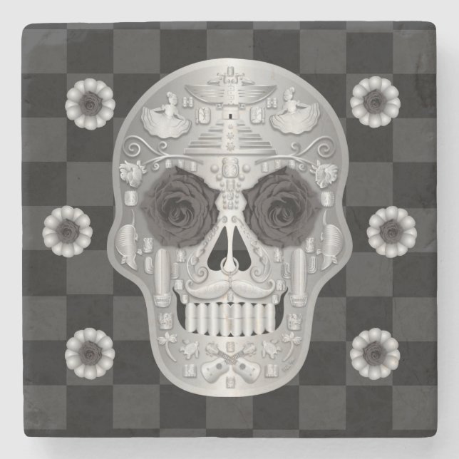 Chrome Calavera (Black Rose) Stone Coaster (Front)